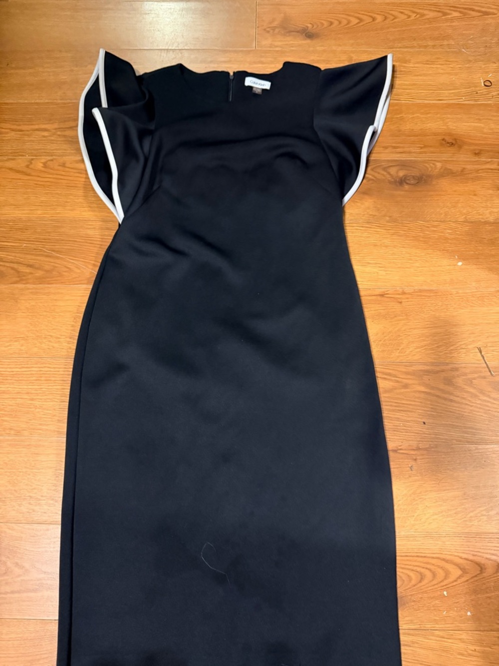 Calvin Klein Black Midi Dress with White-Trim Flutter Sleeves